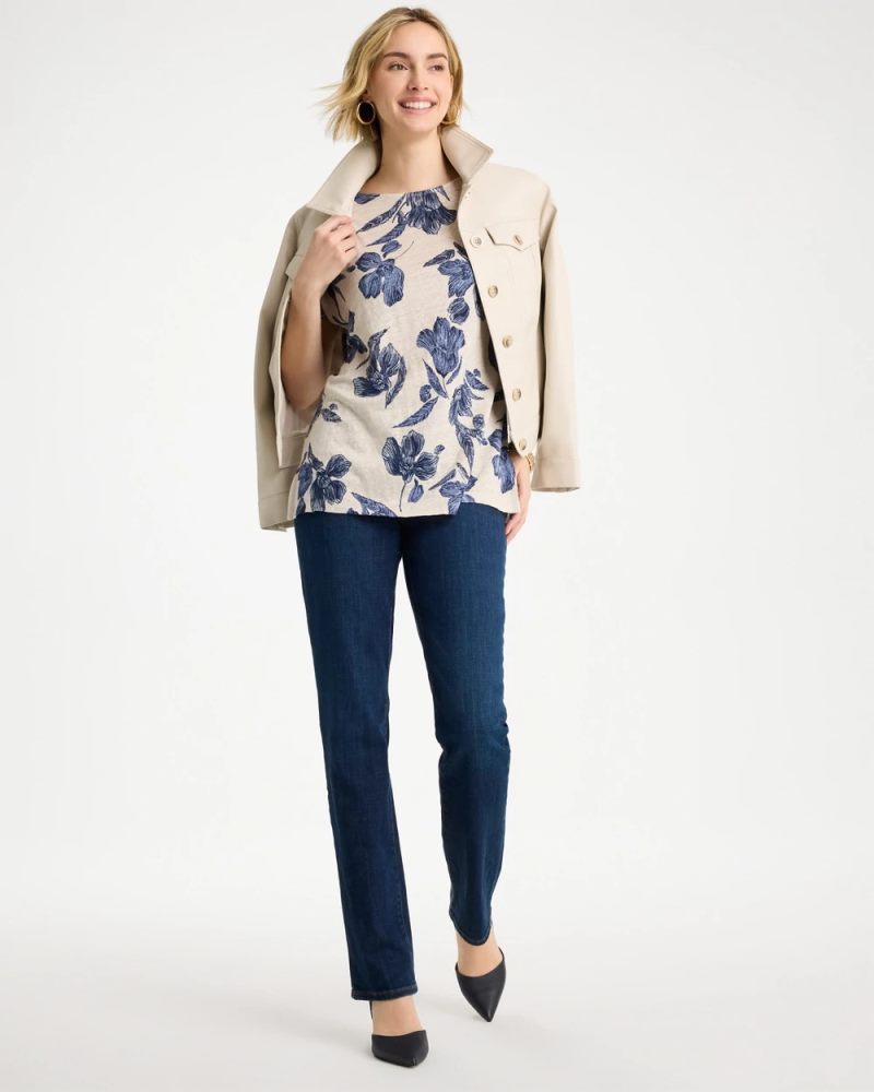 Chicos Floral Linen Dolman Tee - RIVER ROCK