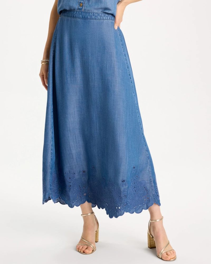 Chicos Indigo Twill Embroidered Hem Skirt - PEARL INDIGO
