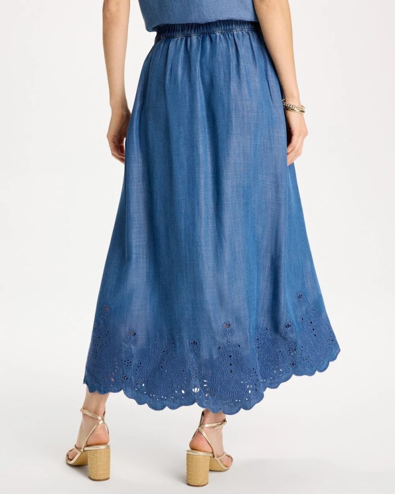 Chicos Indigo Twill Embroidered Hem Skirt - PEARL INDIGO