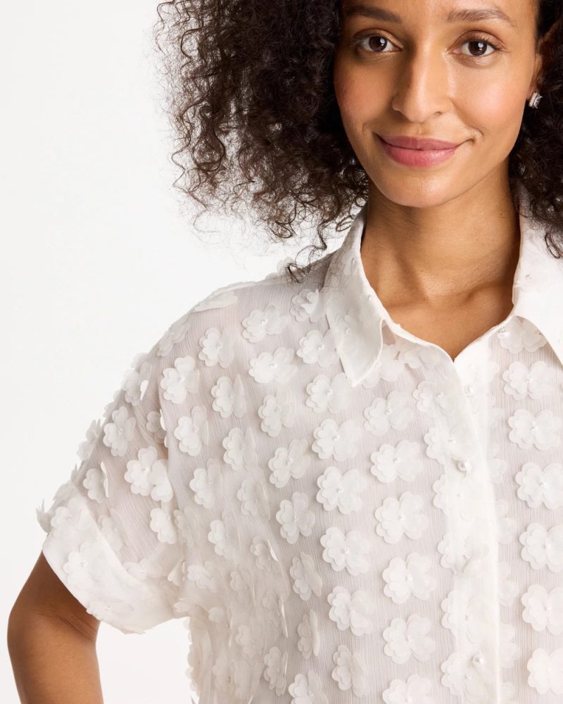 Chicos 3D Floral Chiffon Camp Shirt - ALABASTER