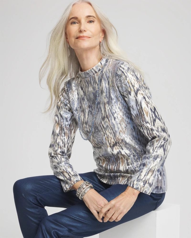 Chicos Sequin Reptile Funnel Neck tee - CLASSIC NAVY