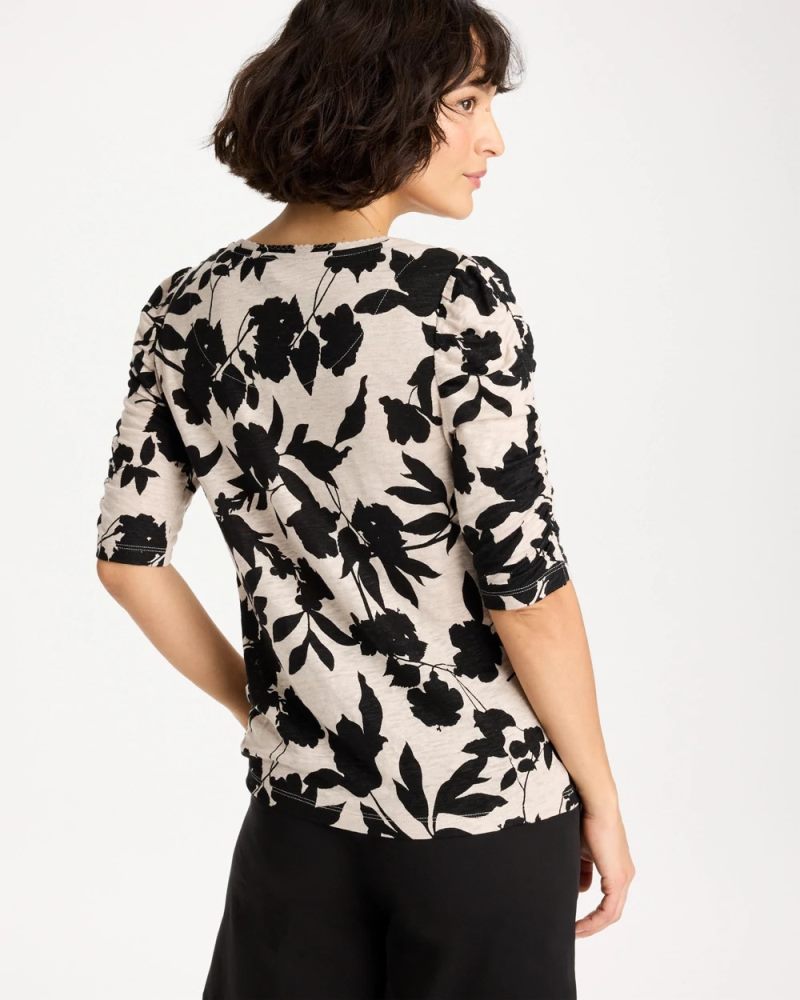 Chicos Flora Linen Ruched Sleeve Tee - BLACK