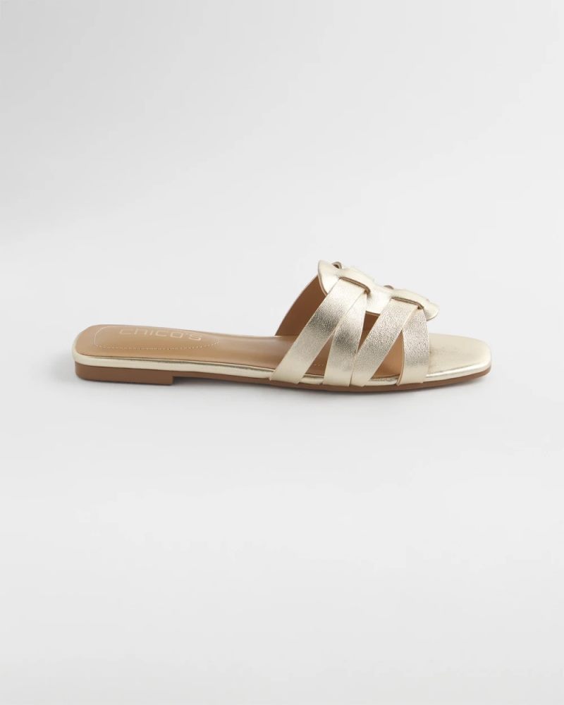Chicos Leather Cassidy Cross-Strap Slide Shoes - GOLD