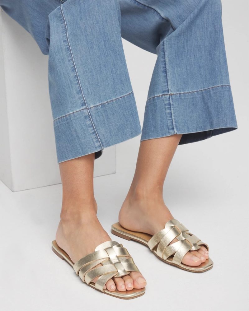 Chicos Leather Cassidy Cross-Strap Slide Shoes - GOLD