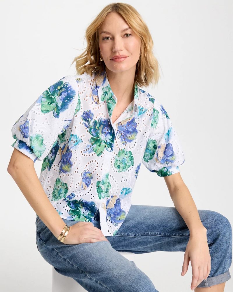Chicos Floral Paisley Eyelet Blouse - PASSPORT BLUE