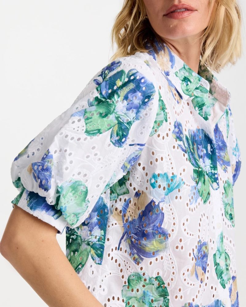 Chicos Floral Paisley Eyelet Blouse - PASSPORT BLUE