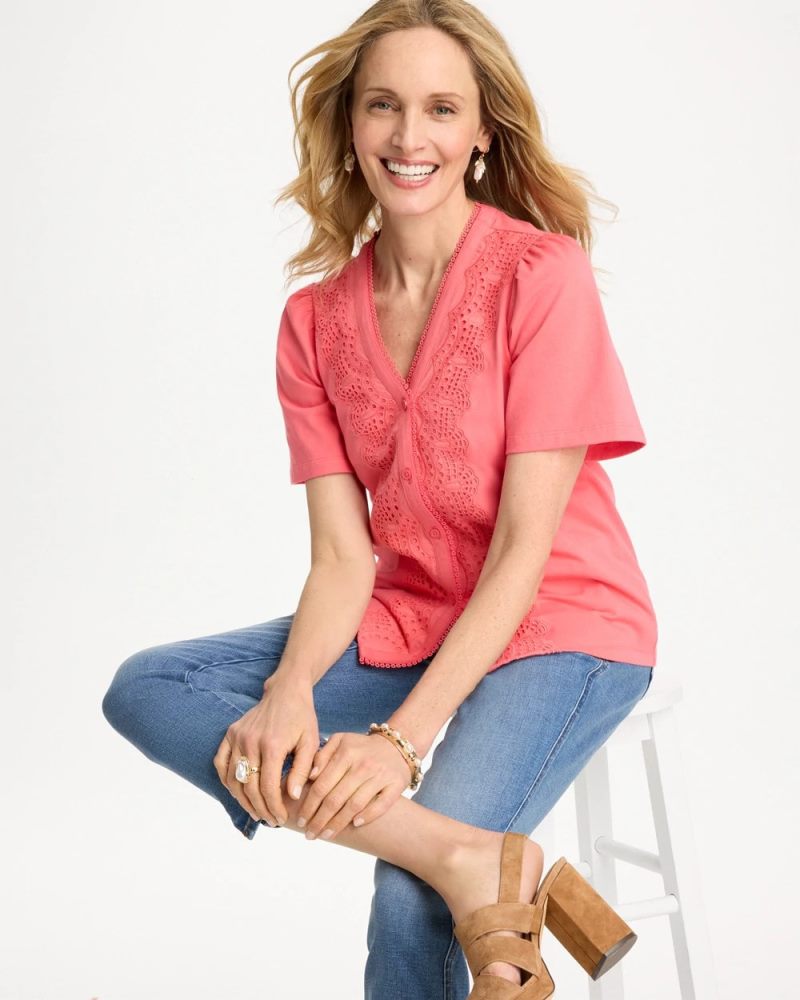 Chicos Embroidered Button-Front Tee - CALYPSO CORAL