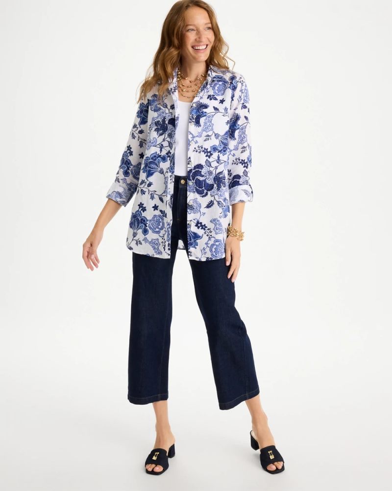 Chicos No Iron Linen Bloom Shirt - AMPARO BLUE