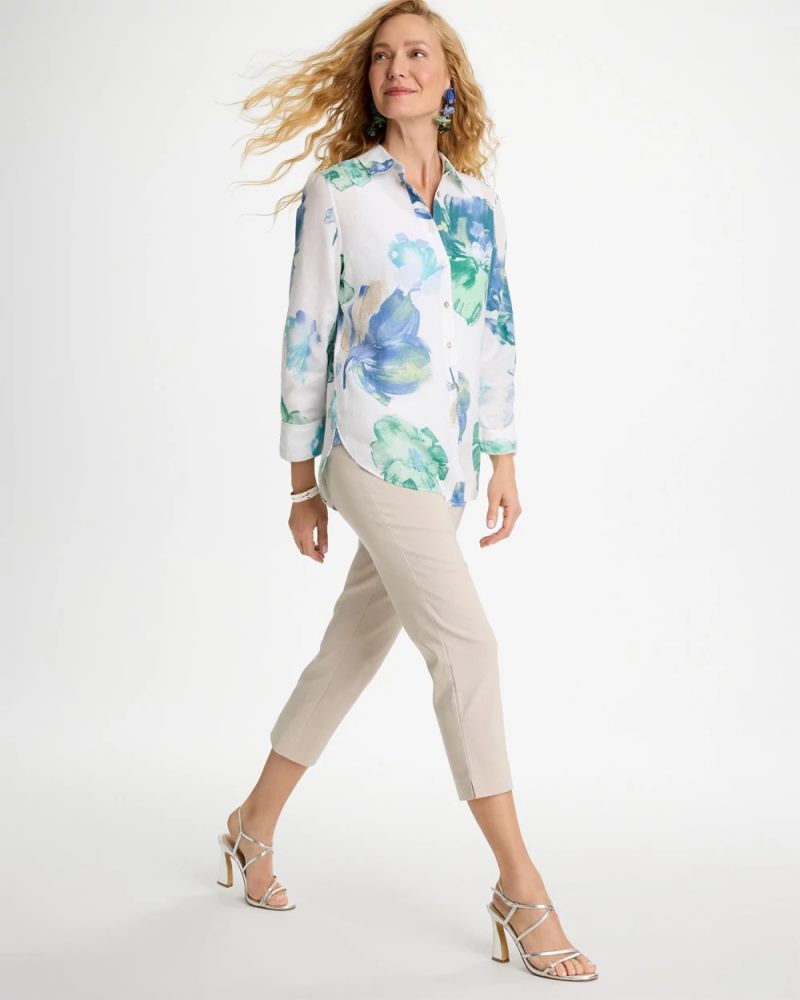 Chicos No Iron Printed Linen Shirt - PASSPORT BLUE