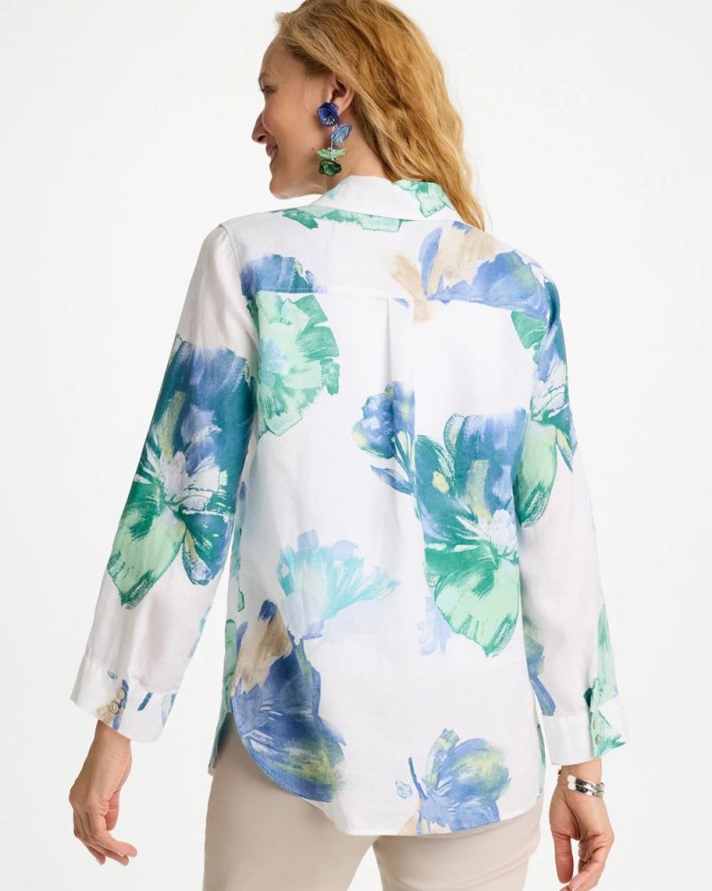 Chicos No Iron Printed Linen Shirt - PASSPORT BLUE