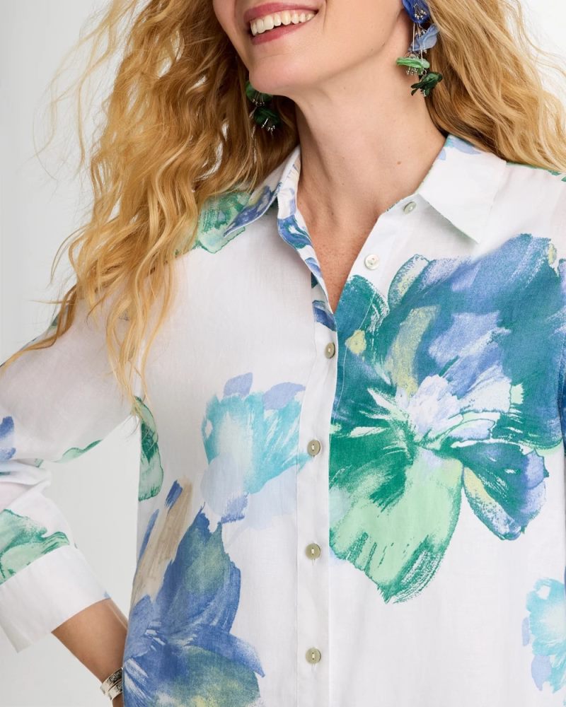 Chicos No Iron Printed Linen Shirt - PASSPORT BLUE