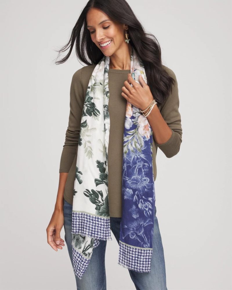 Chicos Colorblock Floral-Print Oblong Scarf - ECRU
