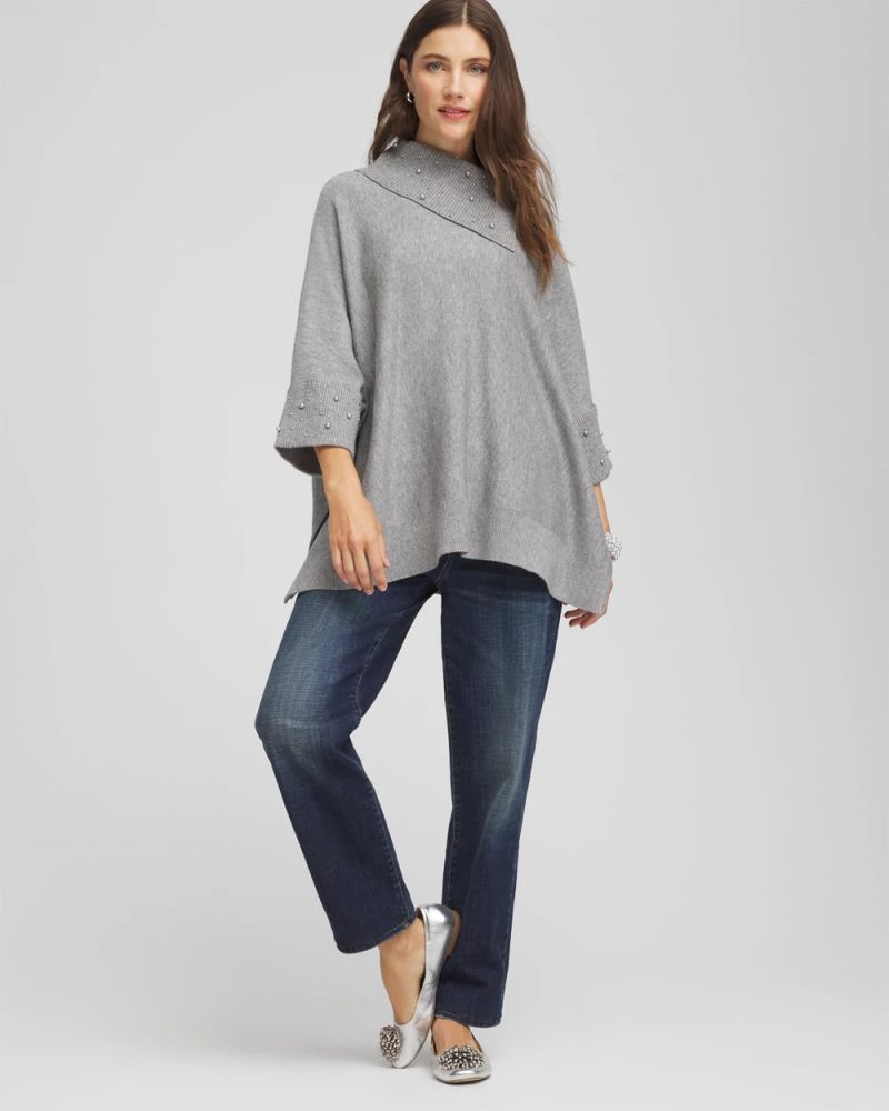 Chicos Embellished Sweater Poncho - MOON SHADE GRAY HEATHER