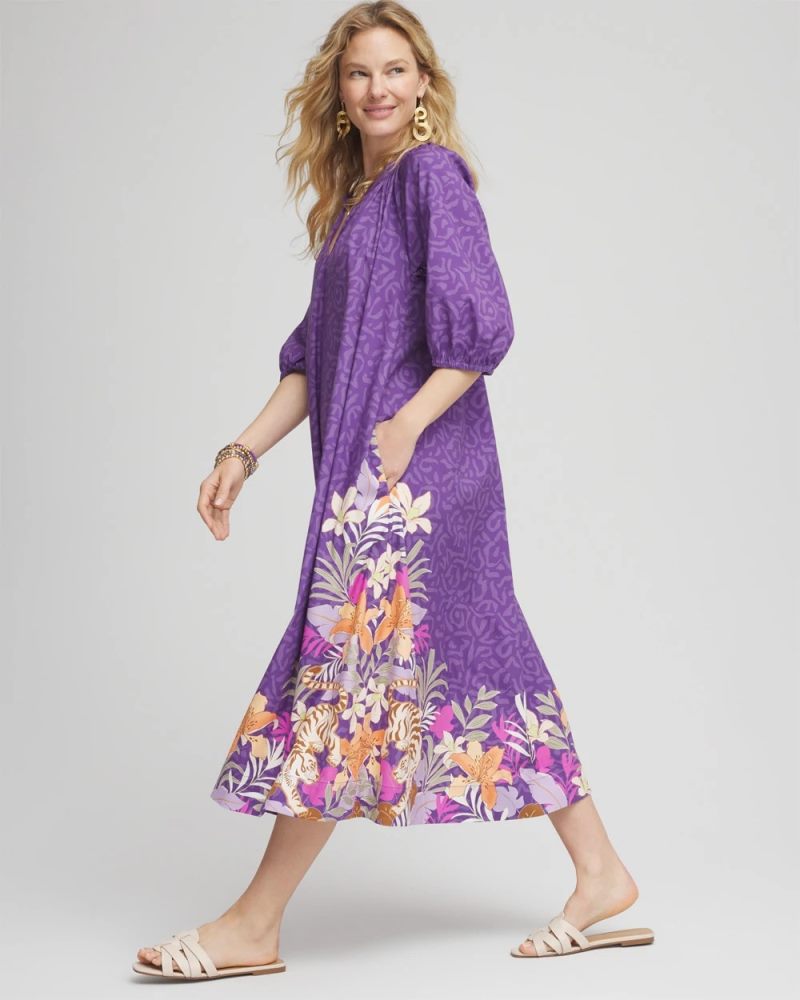 Chicos Floral Poplin Midi Day Dress - PLUM SHADE