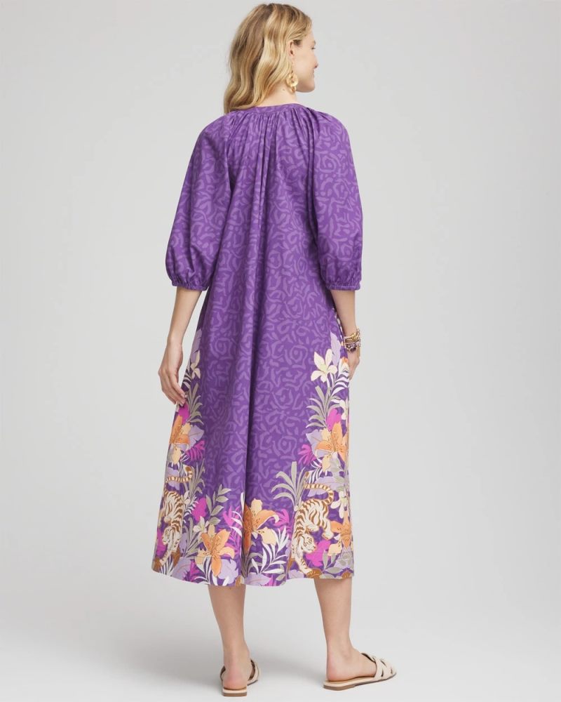 Chicos Floral Poplin Midi Day Dress - PLUM SHADE