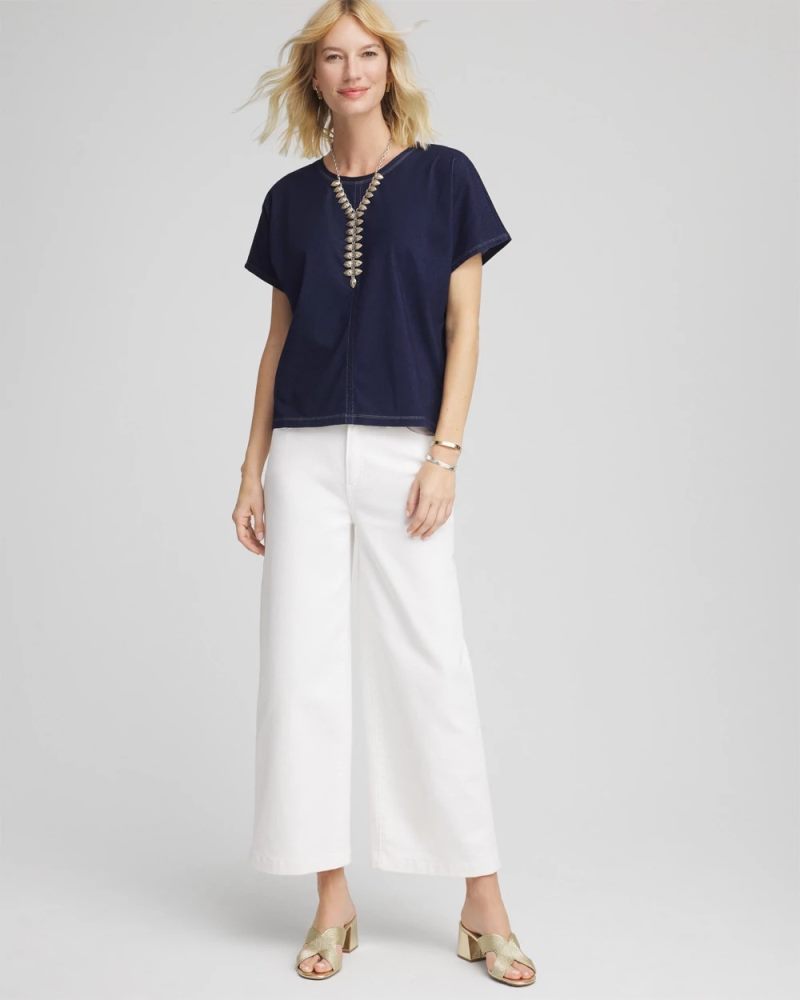 Chicos Denim Motif Tapered Dolman Top - INDIGO