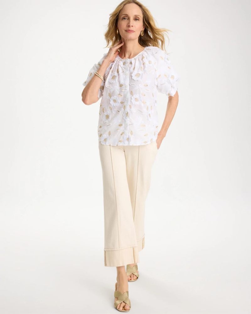 Chicos Cotton Metallic Applique Embroidered Top - ALABASTER