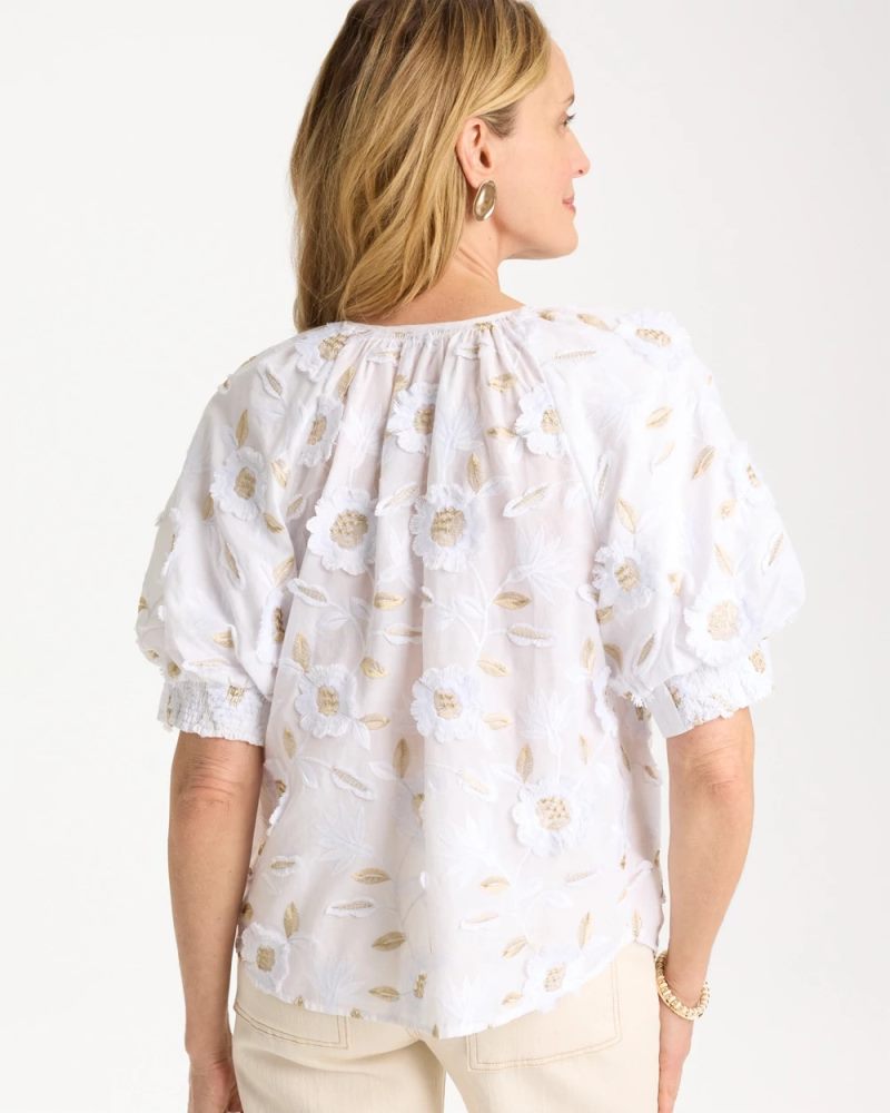 Chicos Cotton Metallic Applique Embroidered Top - ALABASTER