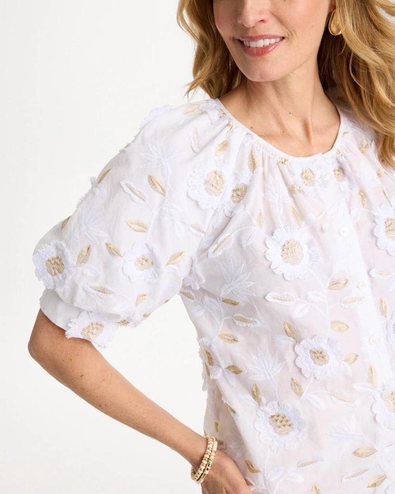 Chicos Cotton Metallic Applique Embroidered Top - ALABASTER