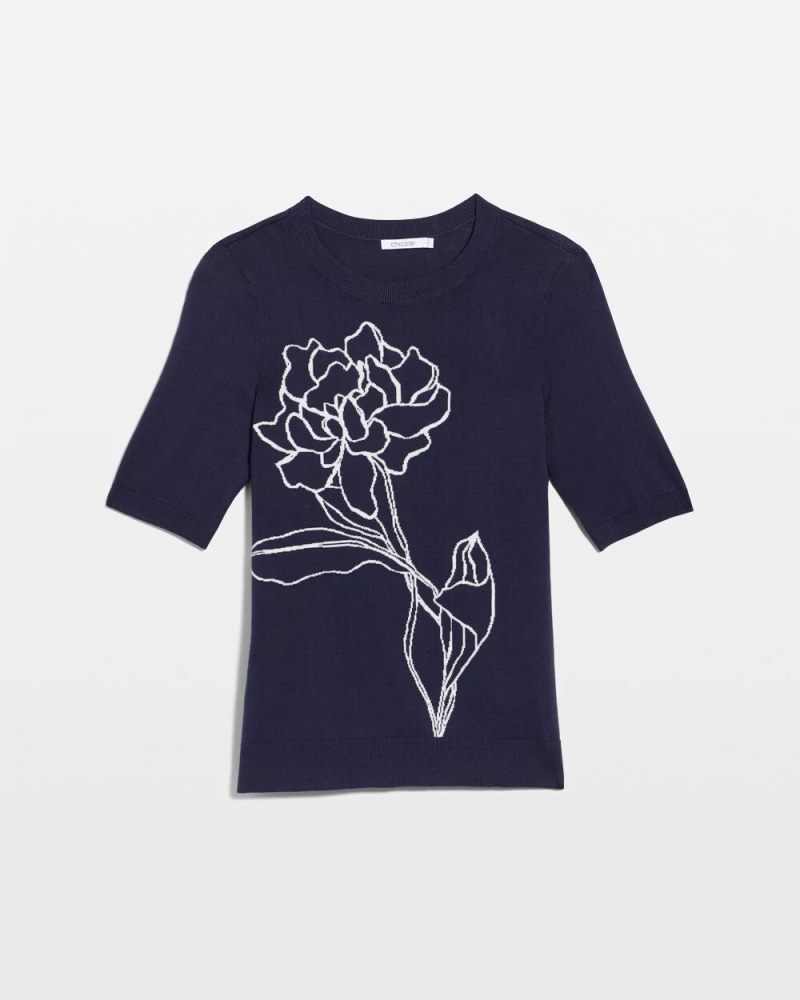Chicos Ella Short-Sleeve Floral Sweater - PASSPORT BLUE
