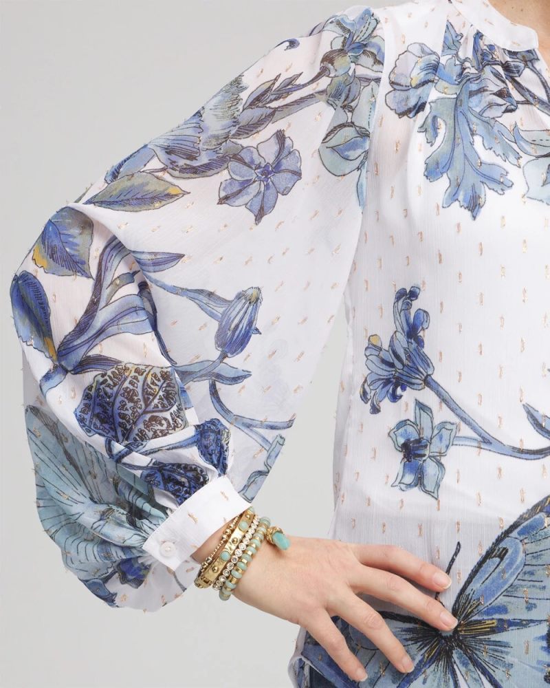 Chicos Butterfly Chiffon Split Neck Blouse - BLUE CASA