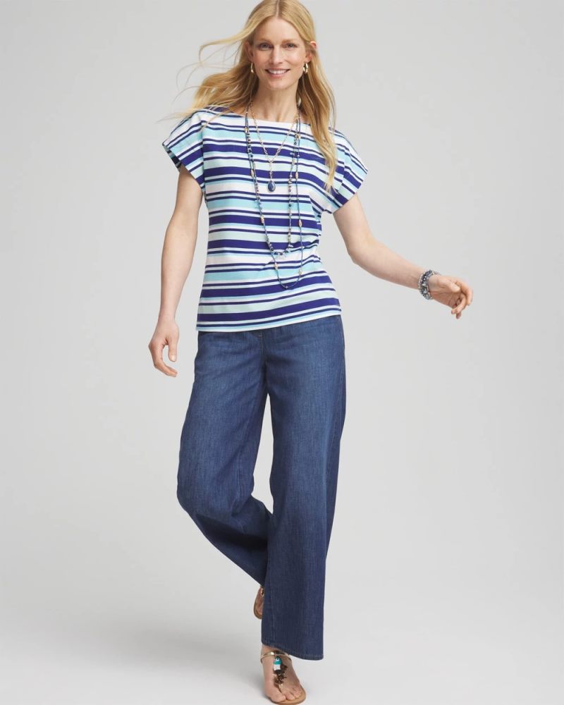 Chicos Stripe Modern Cap Sleeve Tee - PARADISO BLUE