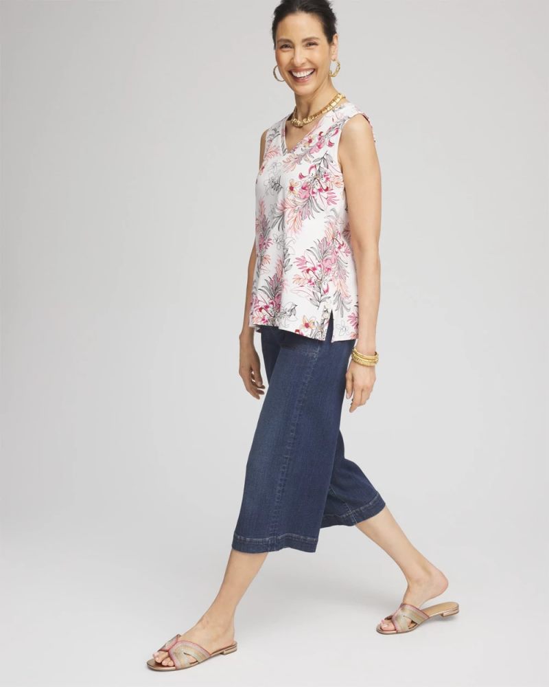 Chicos Floral Sleeveless V-Neck Tank - ALABASTER