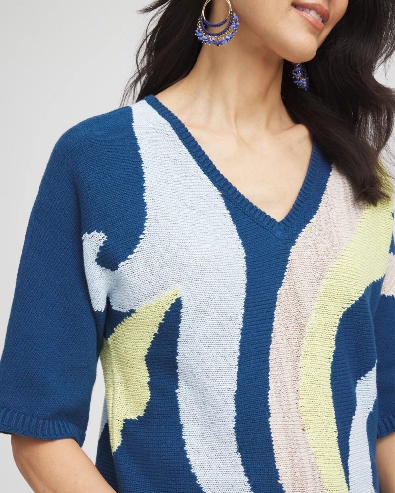 Chicos Print V-Neck Pullover Sweater - SEAPORT