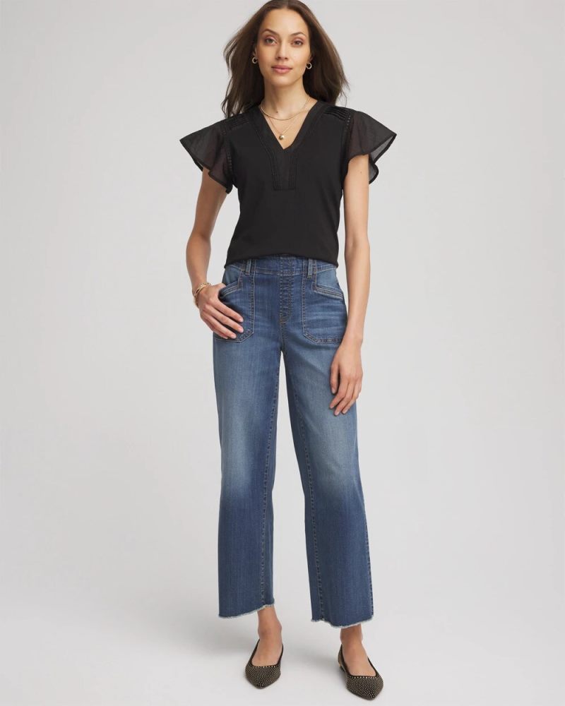Chicos Pleated-Trim Flutter-Sleeve Tee - BLACK