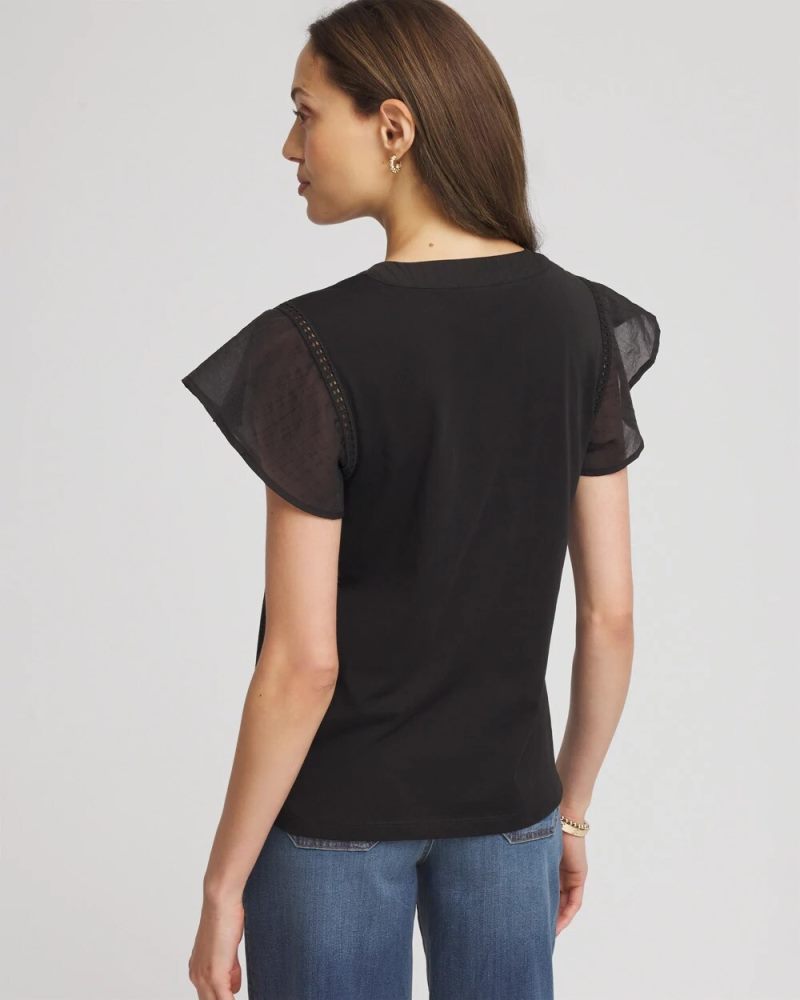 Chicos Pleated-Trim Flutter-Sleeve Tee - BLACK