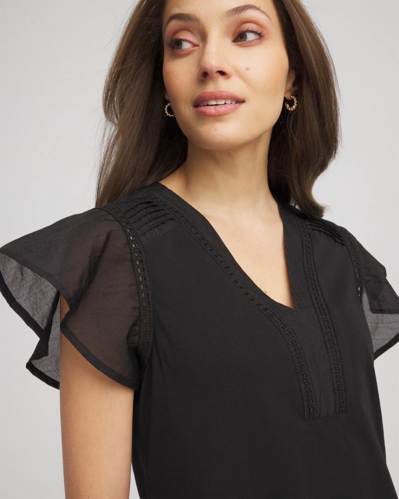 Chicos Pleated-Trim Flutter-Sleeve Tee - BLACK
