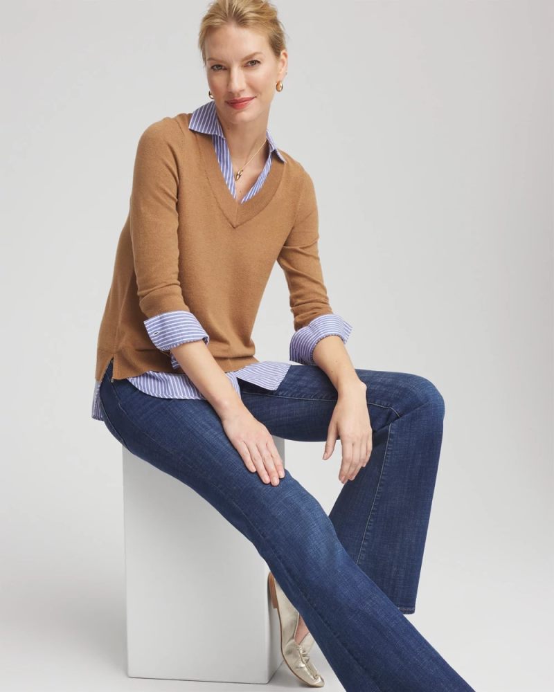 Chicos Camel Built-In Shirt Knit Sweater - CARAMEL APPLE HEATHER