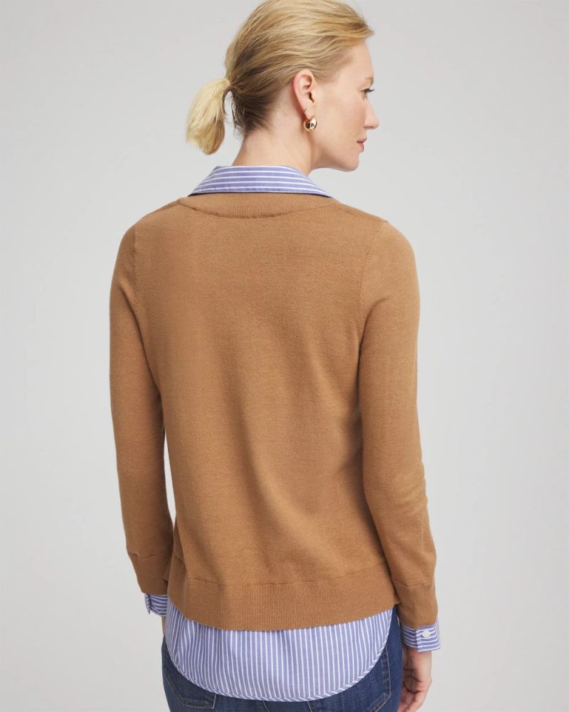 Chicos Camel Built-In Shirt Knit Sweater - CARAMEL APPLE HEATHER