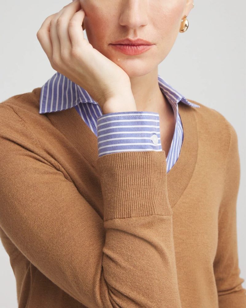 Chicos Camel Built-In Shirt Knit Sweater - CARAMEL APPLE HEATHER