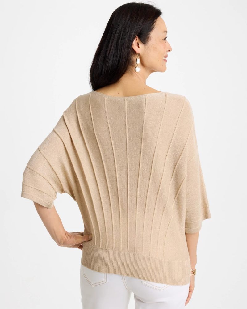 Chicos Metallic Pleated Dolman Pullover Sweater - ECRU