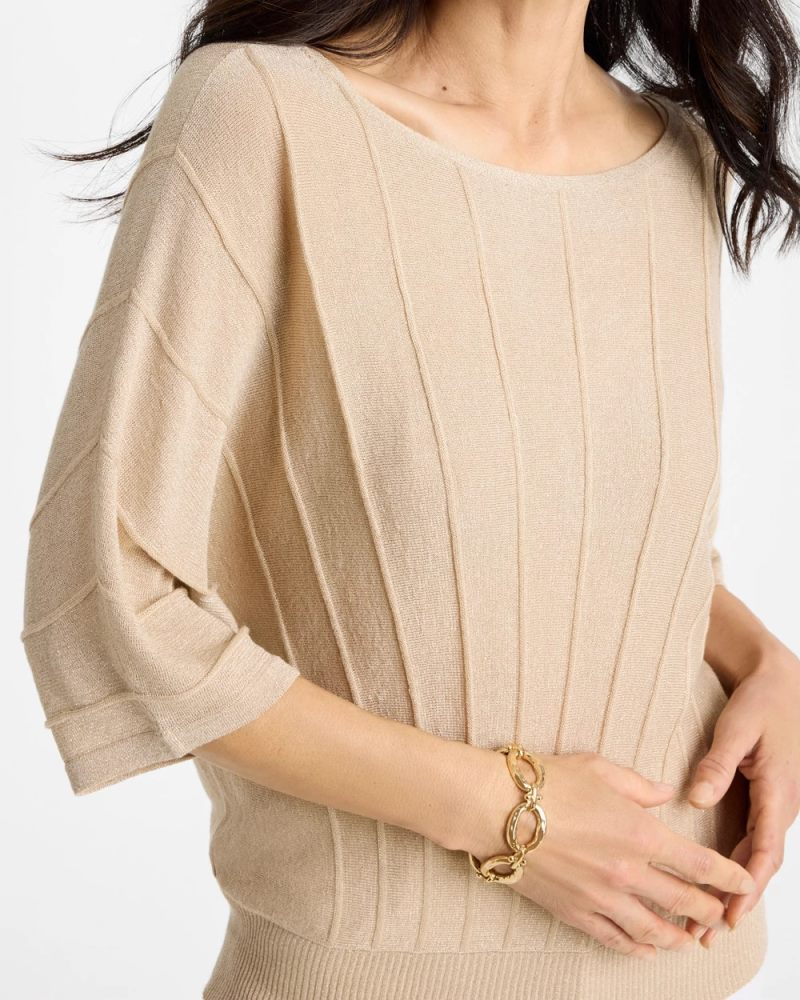 Chicos Metallic Pleated Dolman Pullover Sweater - ECRU