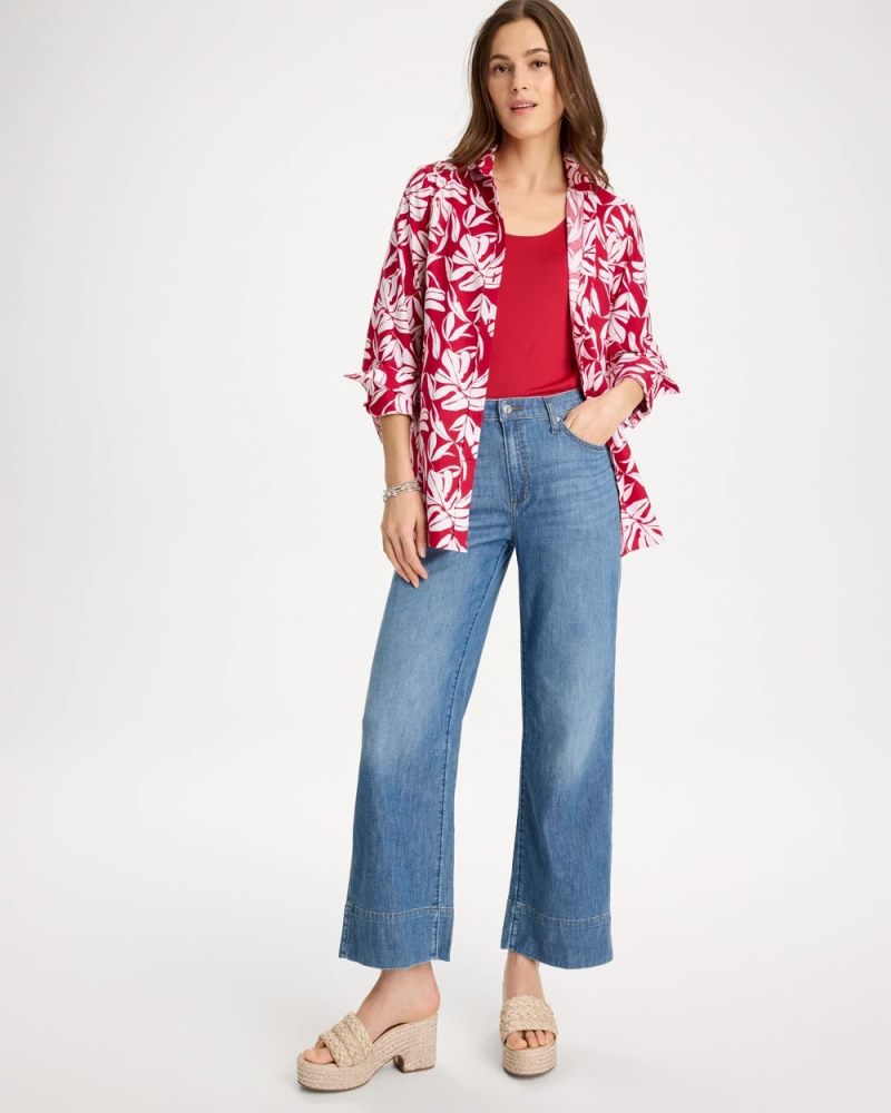 Chicos No Iron Stretch Palm Print Shirt - CHERRY LUSH