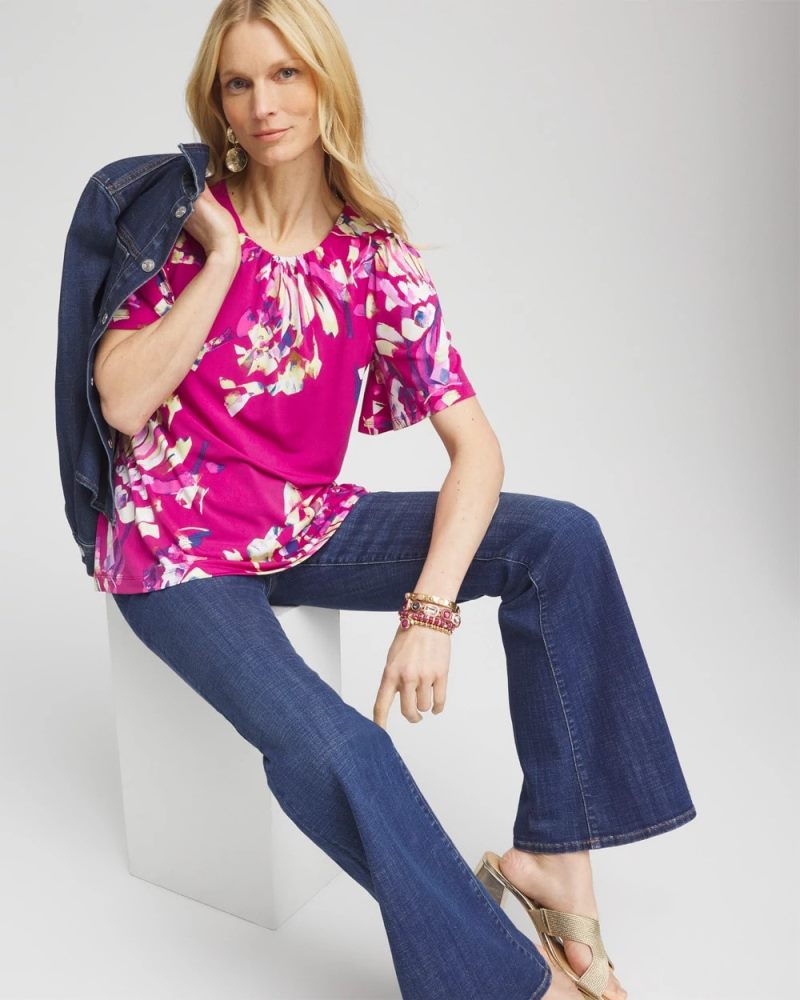 Chicos Petals Smocked Flutter-Sleeved Tee - PURPLE CLOVER