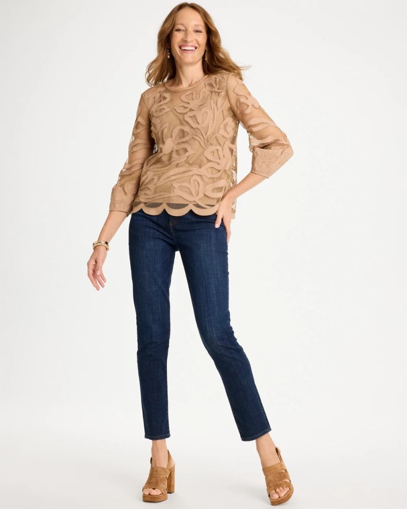 Chicos Floral-Motif Mesh 3/4 Sleeve Top - CATTAIL BROWN