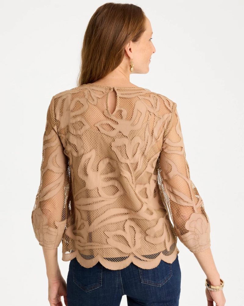 Chicos Floral-Motif Mesh 3/4 Sleeve Top - CATTAIL BROWN