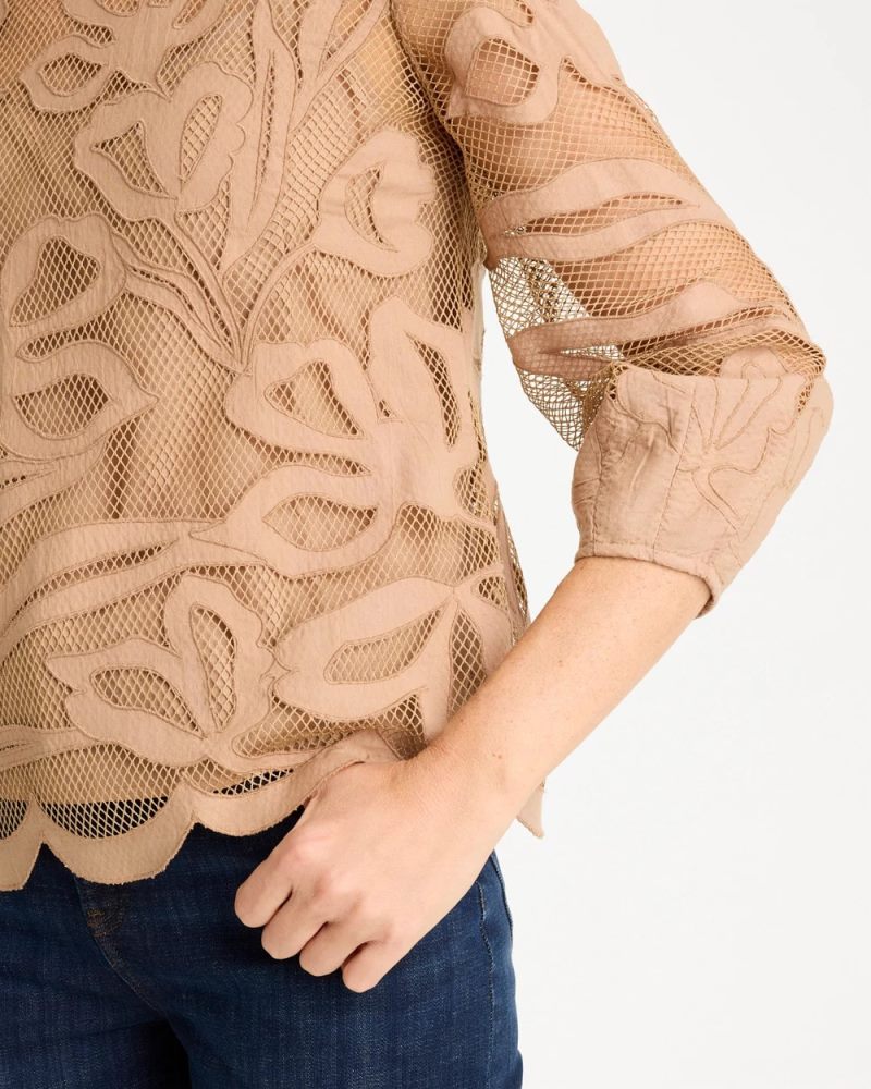Chicos Floral-Motif Mesh 3/4 Sleeve Top - CATTAIL BROWN