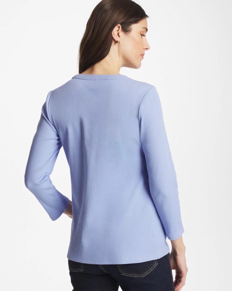 Chicos Ribbed Button Crewneck Tee - BLUE ORCHID