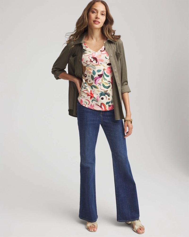Chicos Floral Touch of Cool™ V-Neck Layering Tee - CASHEW