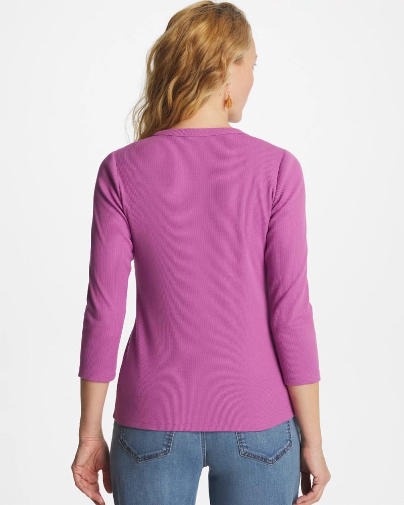 Chicos Ribbed Button Crewneck Tee - VIOLET SHADOW