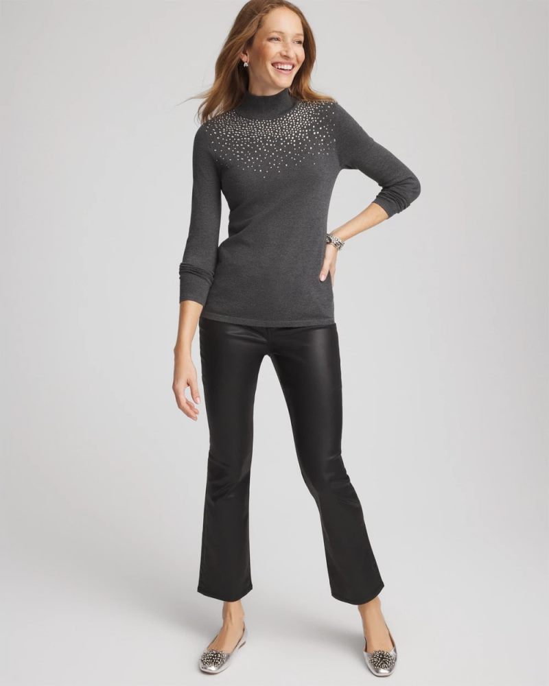 Chicos Ella Rhinestone Mockneck Sweater - GRAPHITE GRAY