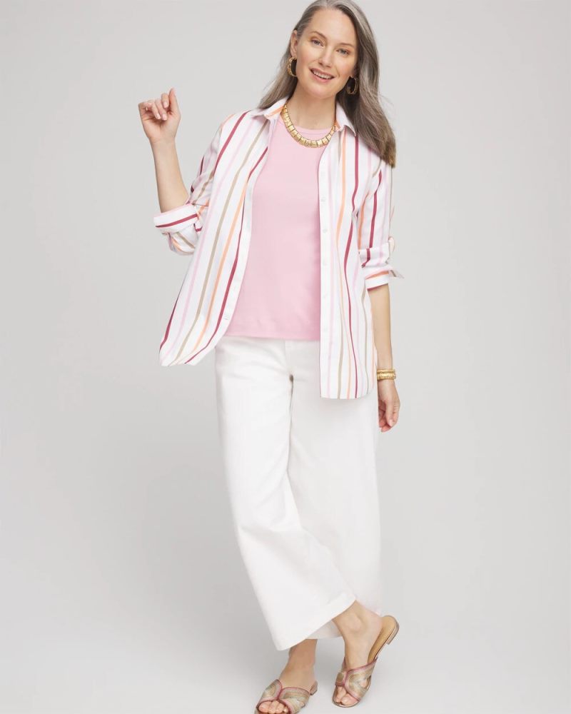 Chicos No Iron Striped Stretch-Sateen Shirt - ECRU