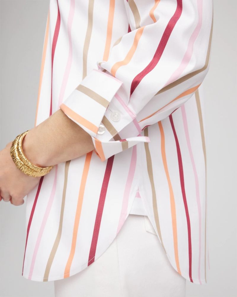 Chicos No Iron Striped Stretch-Sateen Shirt - ECRU