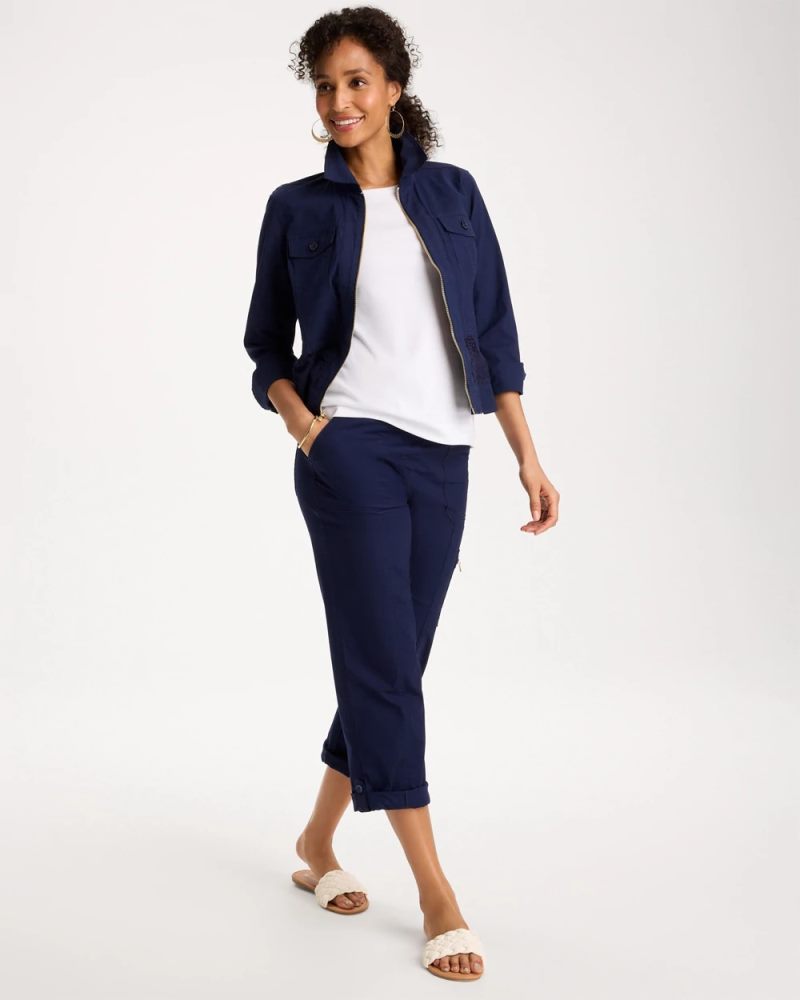 Chicos Poplin Cropped Roll Tab Pants - PASSPORT BLUE