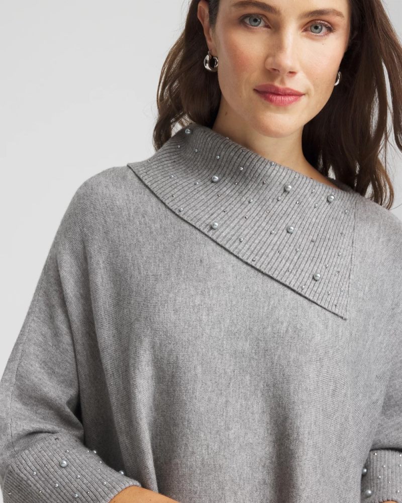 Chicos Embellished Sweater Poncho - MOON SHADE GRAY HEATHER