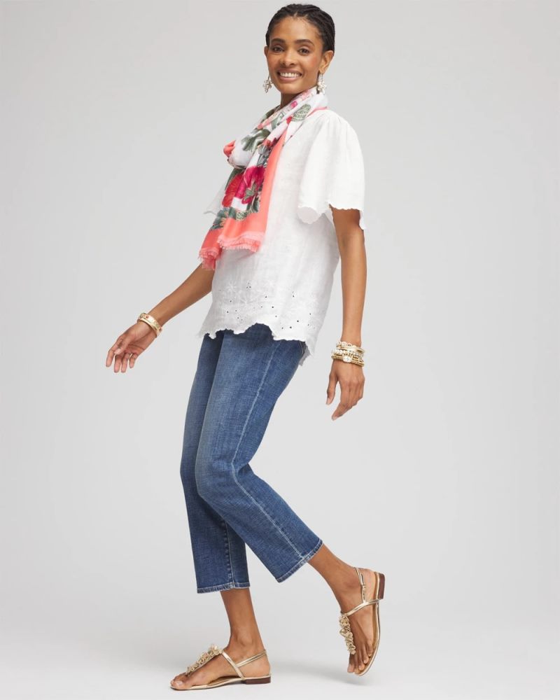 Chicos Linen Embroidered Hem Blouse - ALABASTER